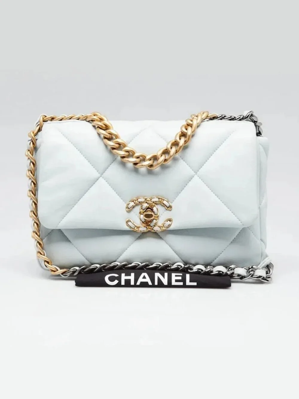 Chanel Light Blue Quilted Lambskin Leather Medium Chanel 19 Bag